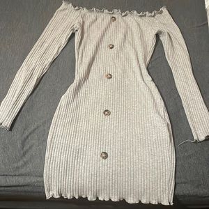 gray off the shoulder long sleeve dress with buttons down the middle